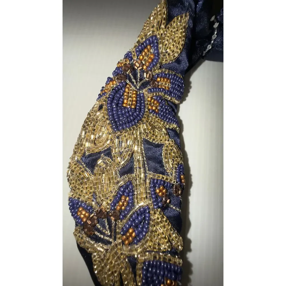 Embellished Beaded Floral Knot Headband – Navy Blue & Gold NWT